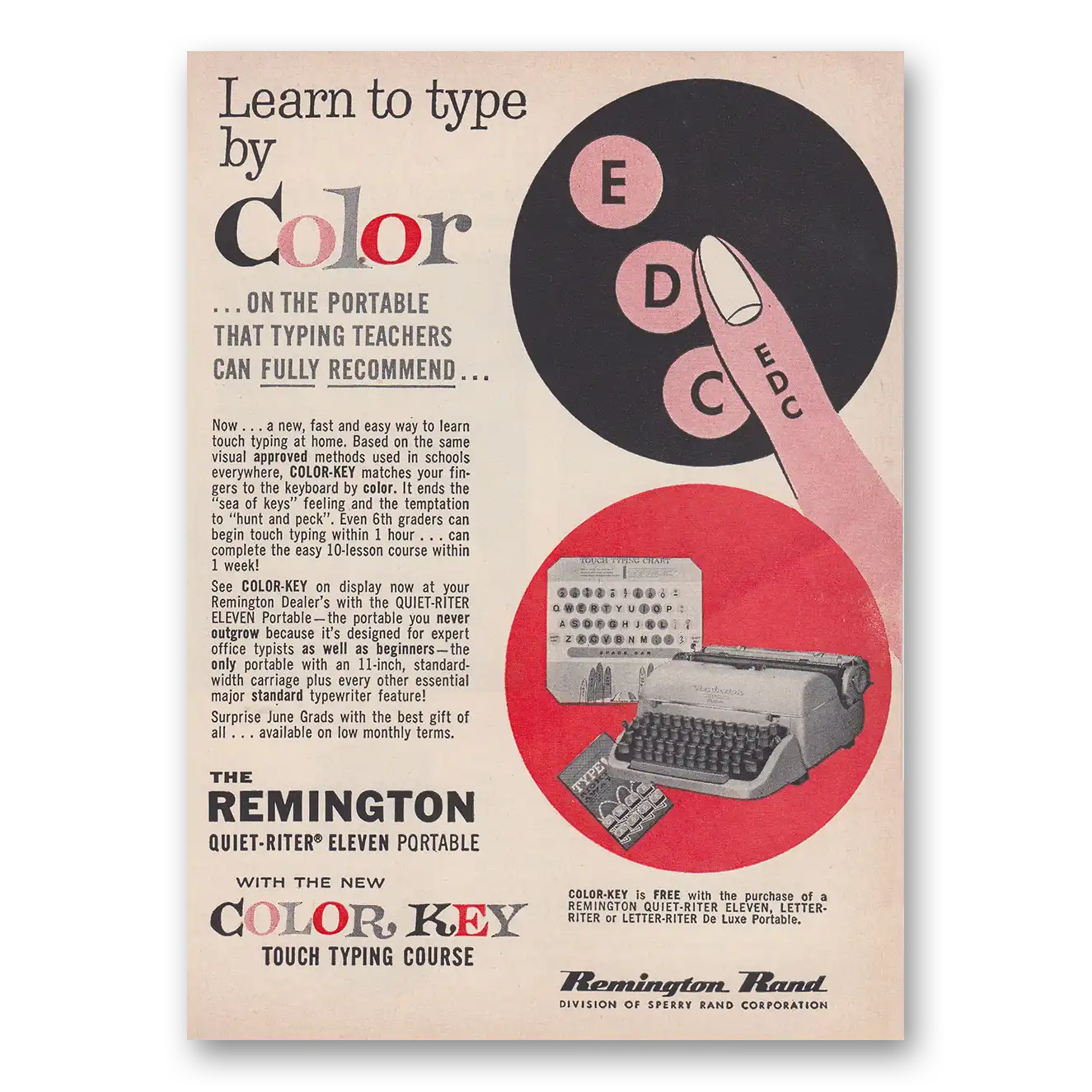 1959 Remington Typewriter Learn to Type By Color Vintage Magazine Print Ad