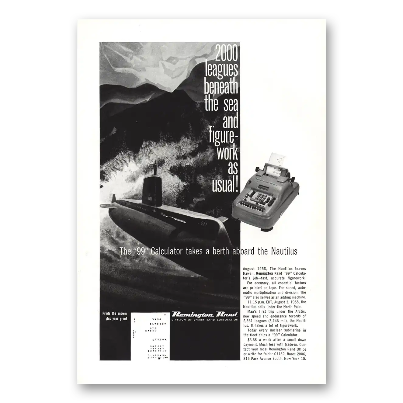 1959 Remington Rand Printing Calculator Leagues Beneath the Sea Vintage Magazine Print Ad