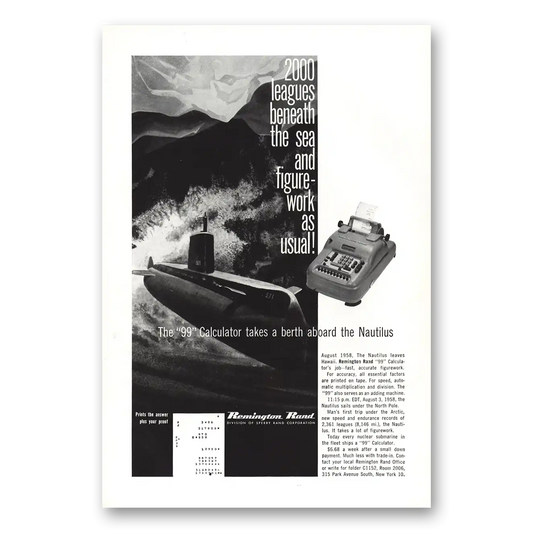 1959 Remington Rand Printing Calculator Leagues Beneath the Sea Vintage Magazine Print Ad