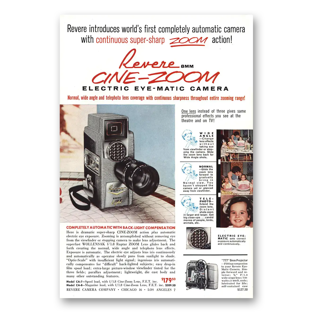 1959 Revere Camera Cine Zoom Continuous Super Sharp Vintage Magazine Print Ad