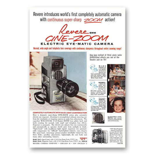 1959 Revere Camera Cine Zoom Continuous Super Sharp Vintage Magazine Print Ad