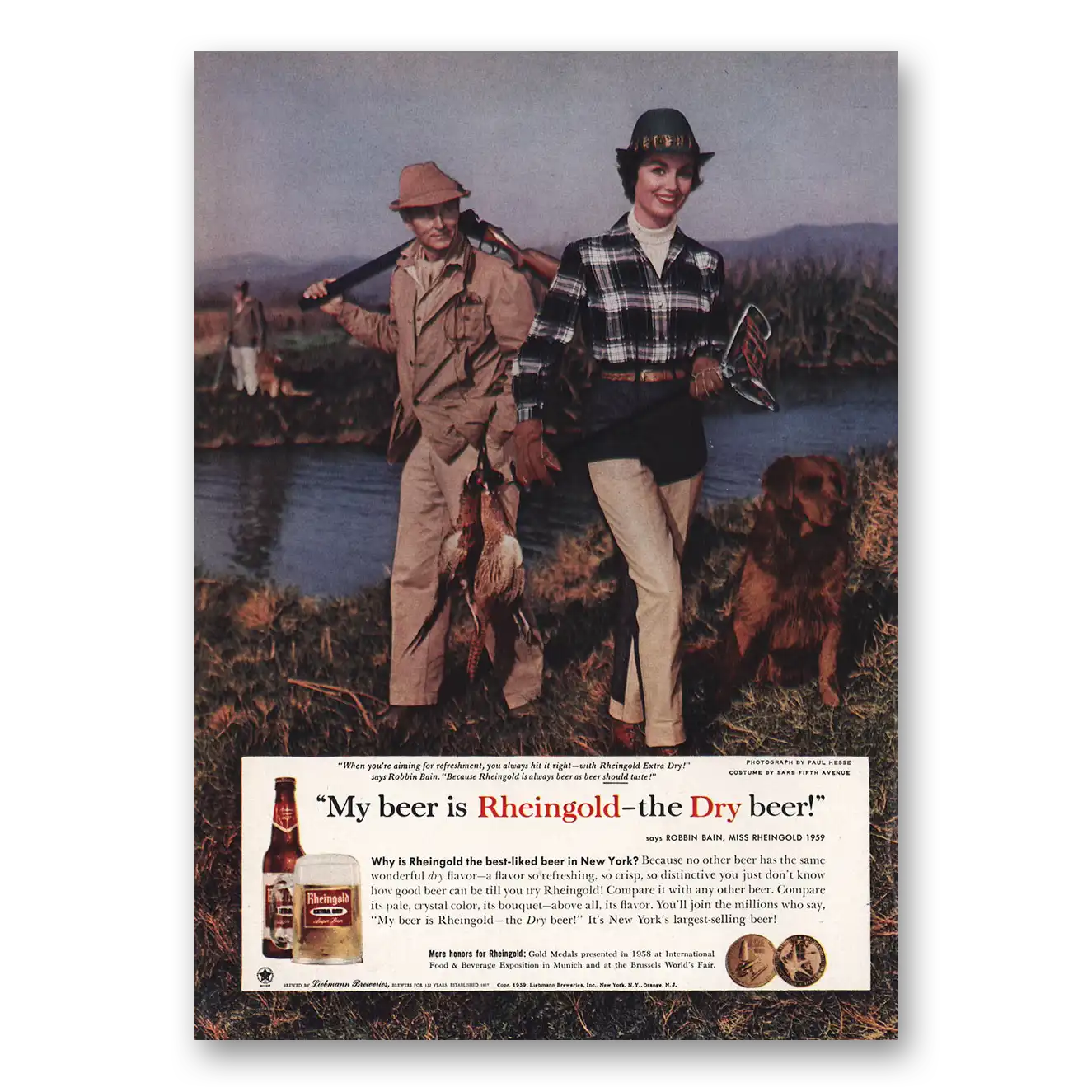 1959 Rheingold Beer Aiming for Refreshment Robbin Bain Vintage Magazine Print Ad