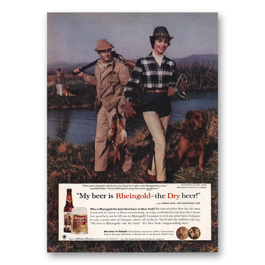 1959 Rheingold Beer Aiming for Refreshment Robbin Bain Vintage Magazine Print Ad