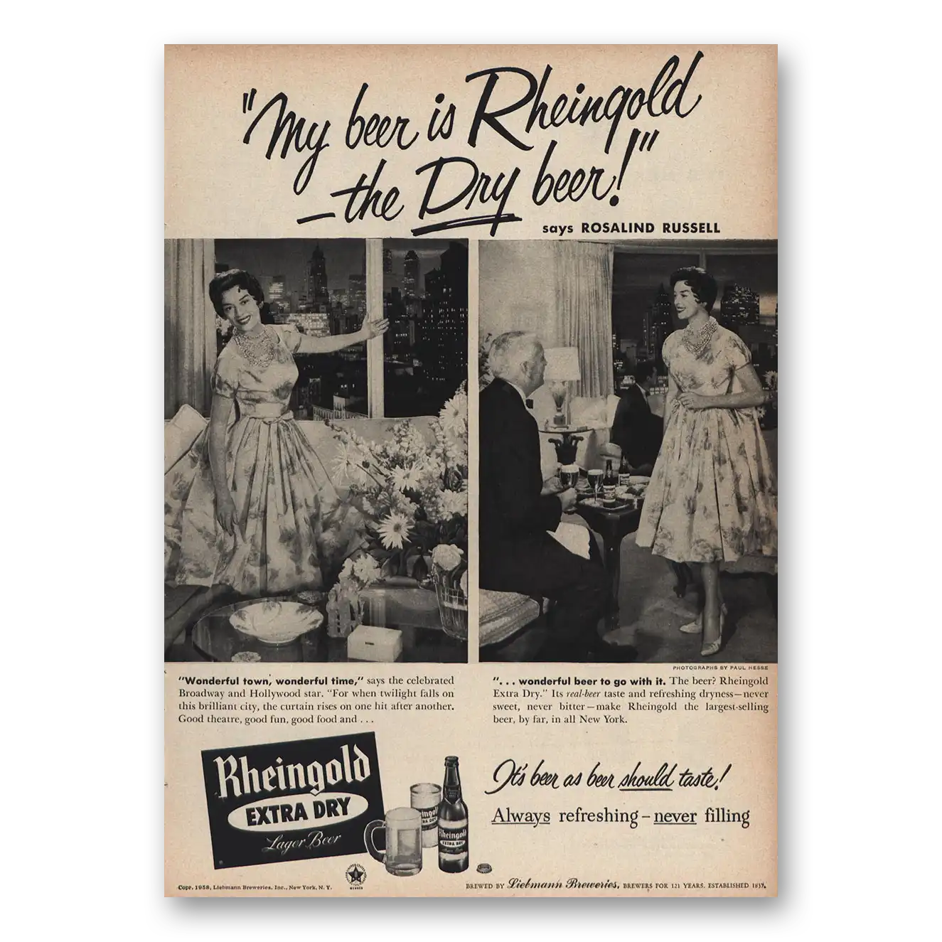 1959 Rheingold Beer Rosalind Russell Vintage Magazine Print Ad