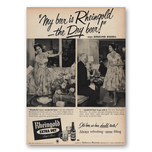 1959 Rheingold Beer Rosalind Russell Vintage Magazine Print Ad