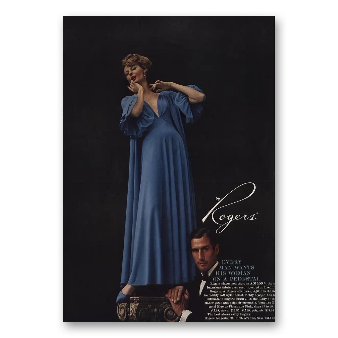 1959 Rogers Lingerie Every Man Wants His Woman On Pedestal Vintage Magazine Print Ad