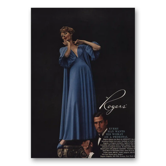 1959 Rogers Lingerie Every Man Wants His Woman On Pedestal Vintage Magazine Print Ad