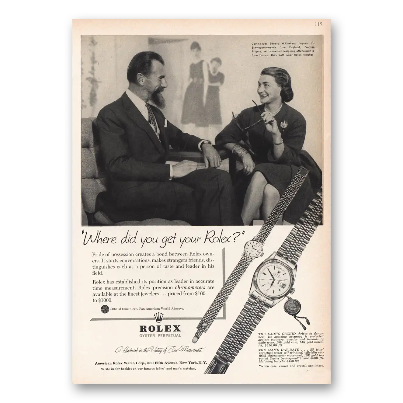 1959 Rolex Ladys Orchid and Mans Day Date Vintage Magazine Print Ad