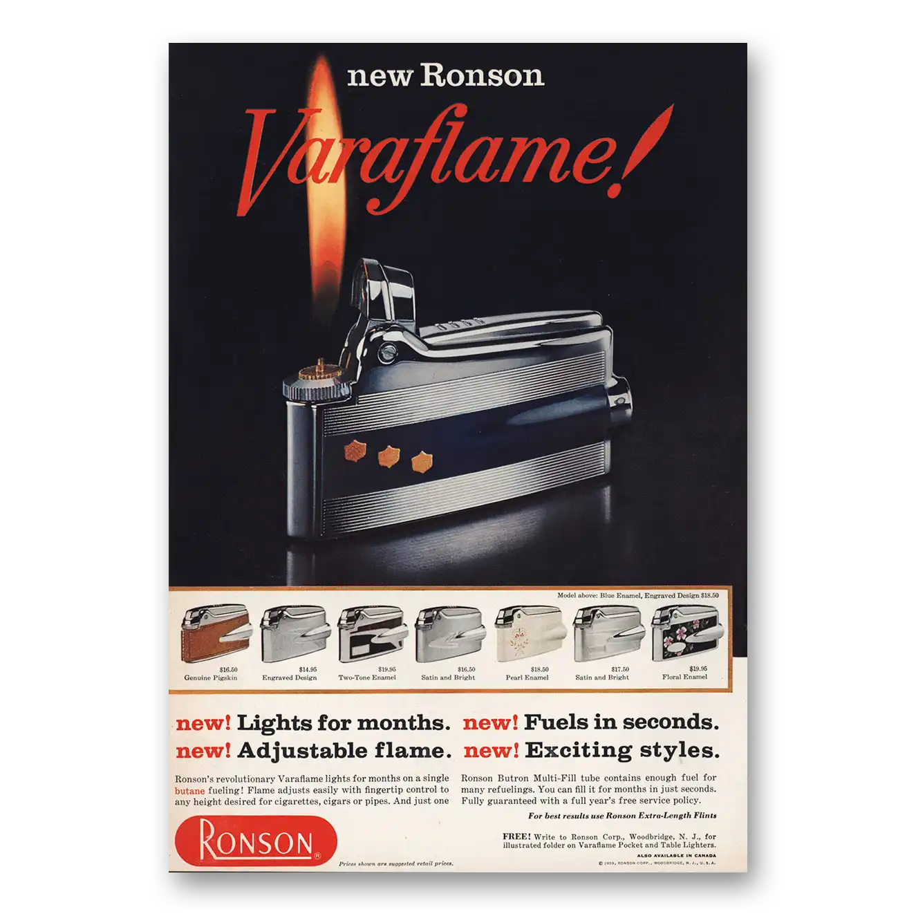 1959 Ronson Varaflame Lighters Lights for Months Fuels In Seconds Vintage Magazine Print Ad