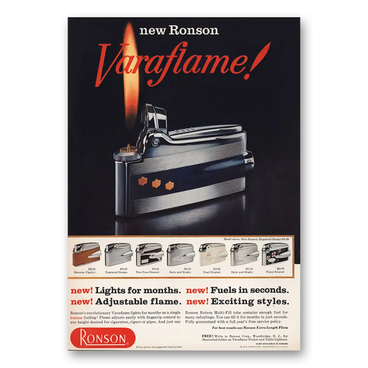 1959 Ronson Varaflame Lighters Lights for Months Fuels In Seconds Vintage Magazine Print Ad