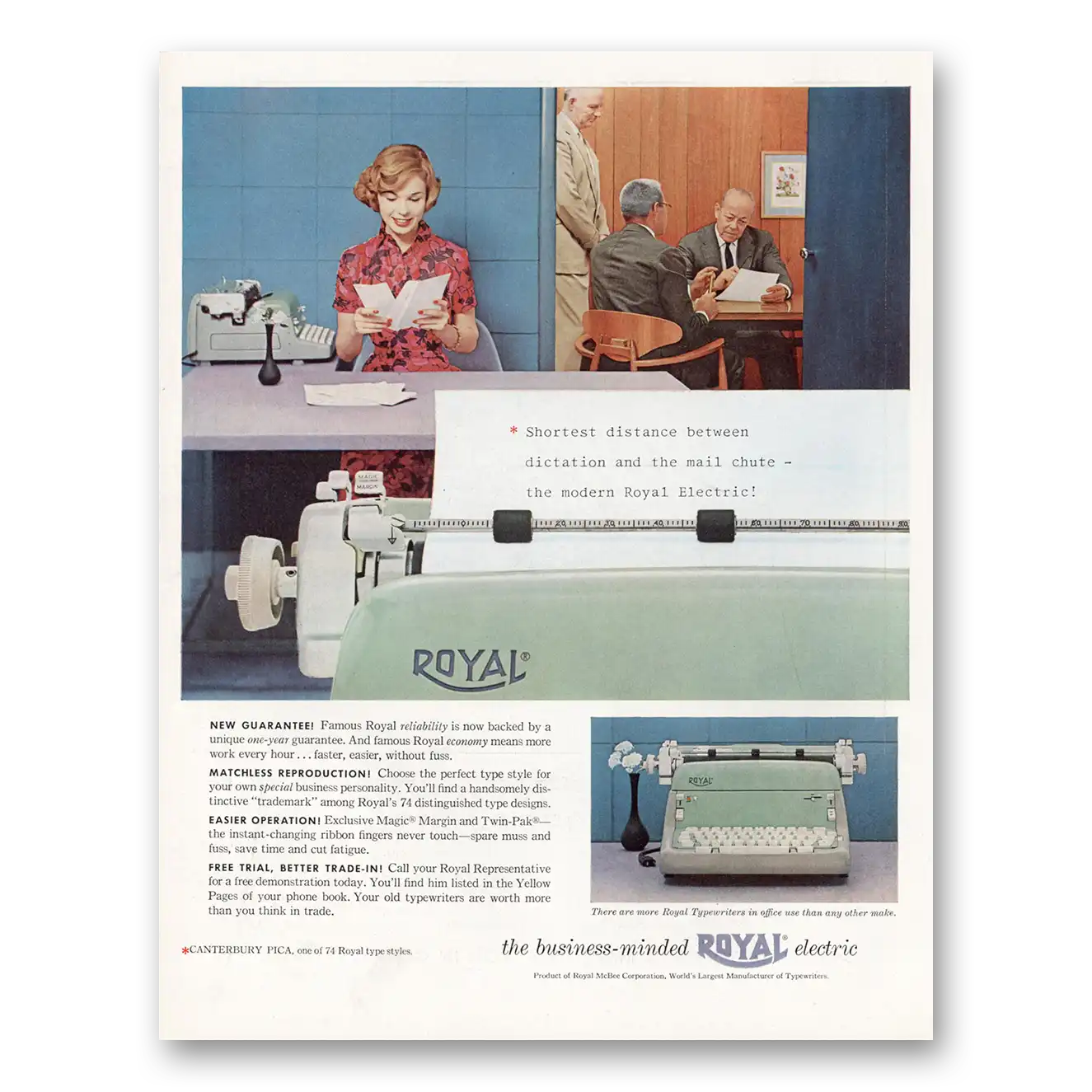 1959 Royal Typewriter Shortest Distance Between Dictation Vintage Magazine Print Ad