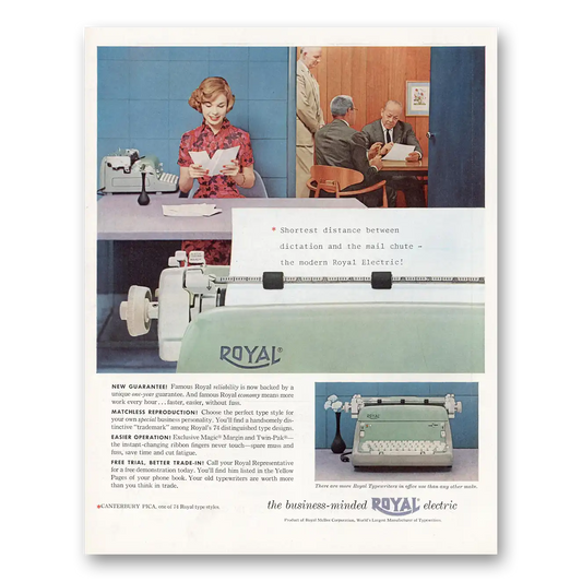 1959 Royal Typewriter Shortest Distance Between Dictation Vintage Magazine Print Ad