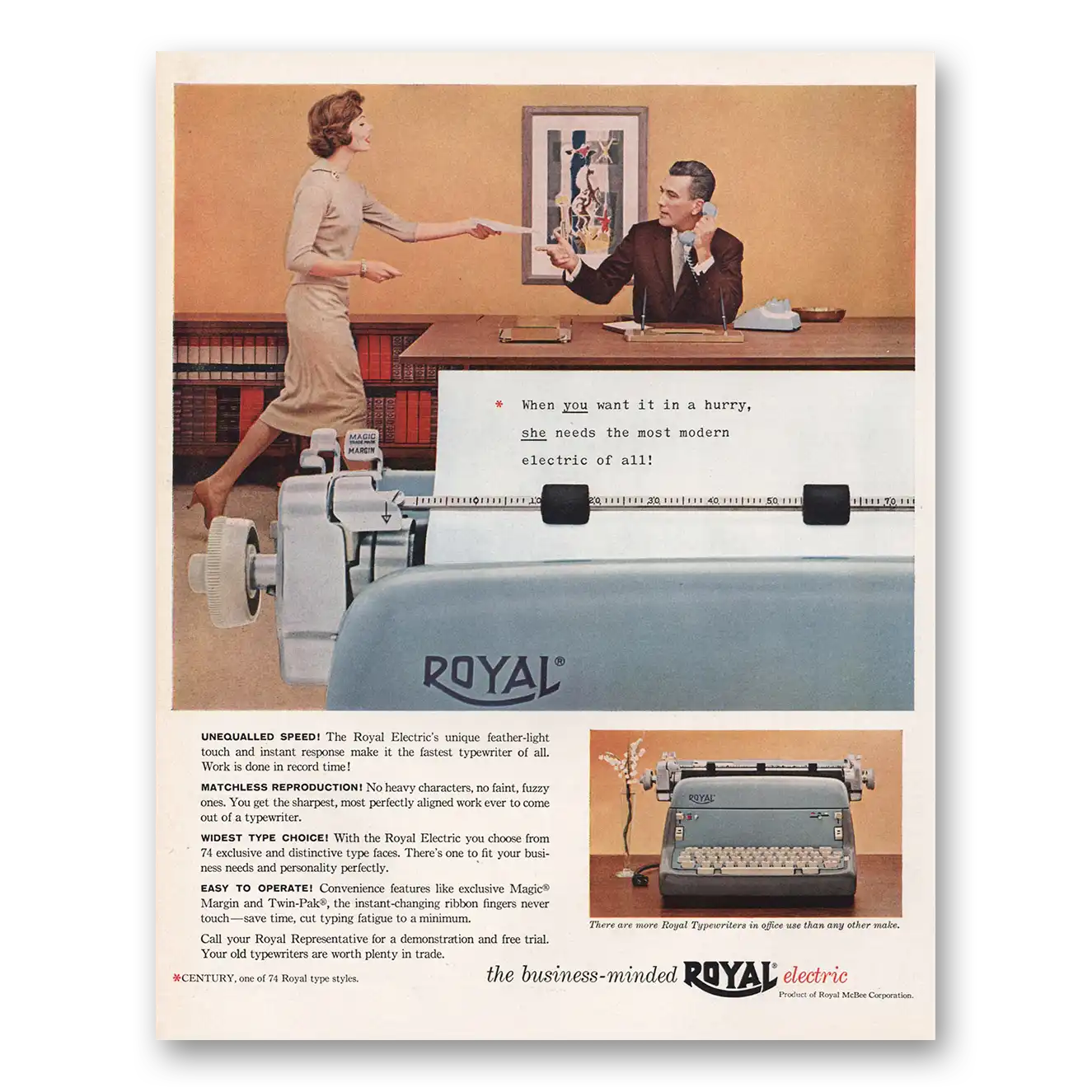 1959 Royal Typewriter When You Want It In a Hurry Vintage Magazine Print Ad