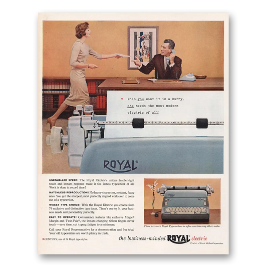 1959 Royal Typewriter When You Want It In a Hurry Vintage Magazine Print Ad