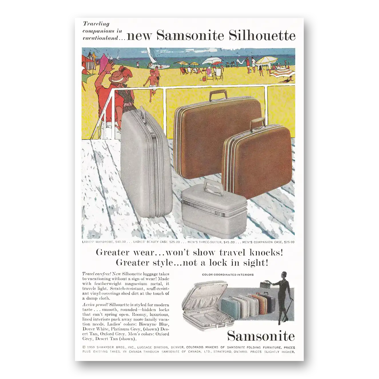 1959 Samsonite Luggage Silhouette Beach Vintage Magazine Print Ad