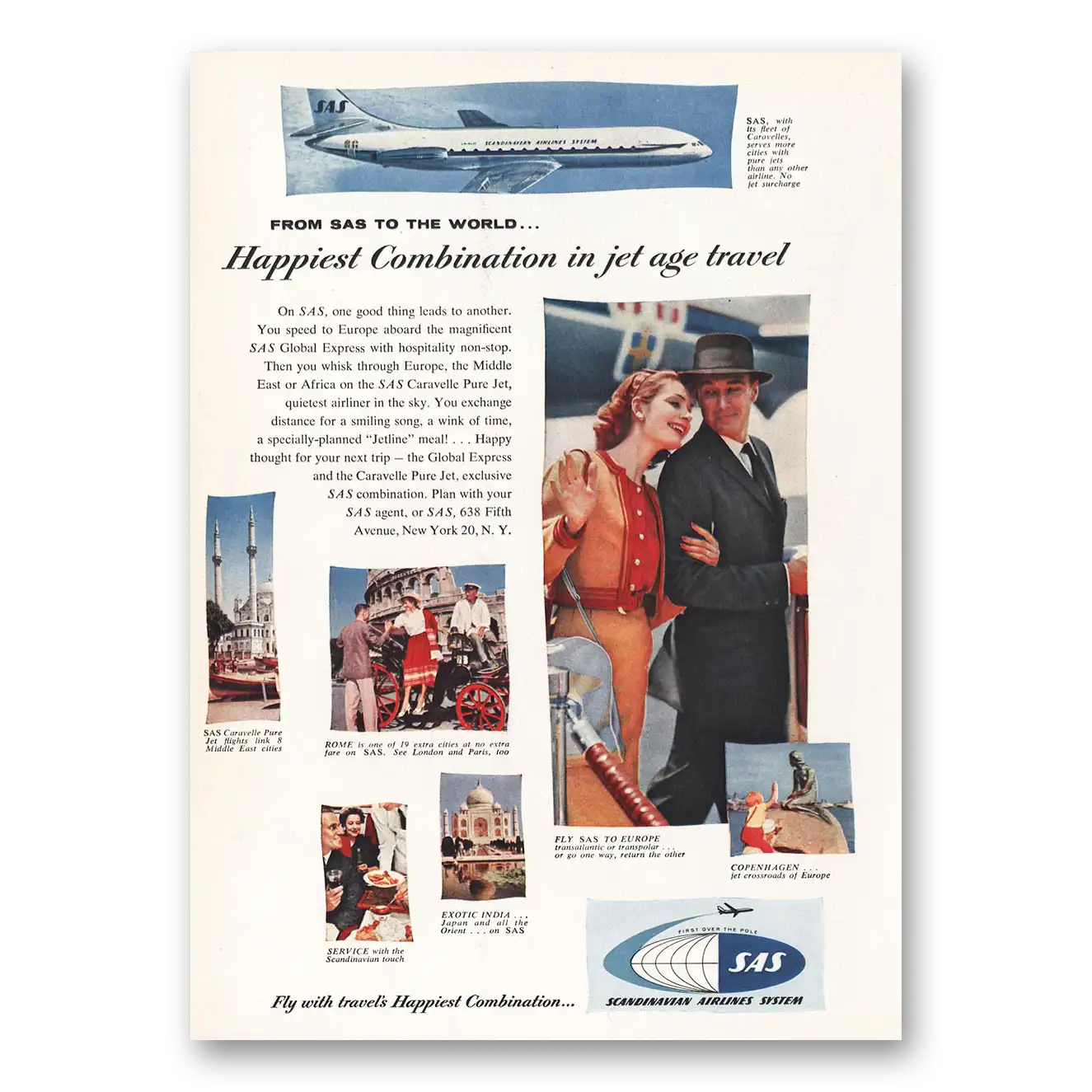 1959 SAS Scandinavian Airlines Happiest Combination Vintage Magazine Print Ad