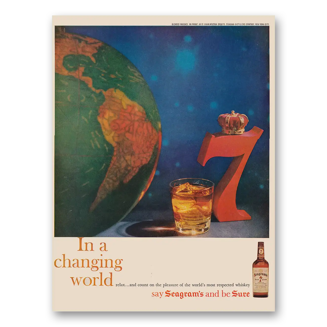 1959 Seagrams 7 Crown Whiskey Changing World Vintage Magazine Print Ad