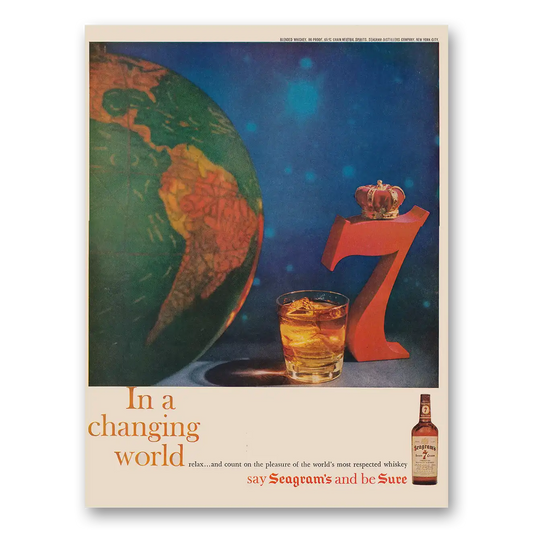 1959 Seagrams 7 Crown Whiskey Changing World Vintage Magazine Print Ad