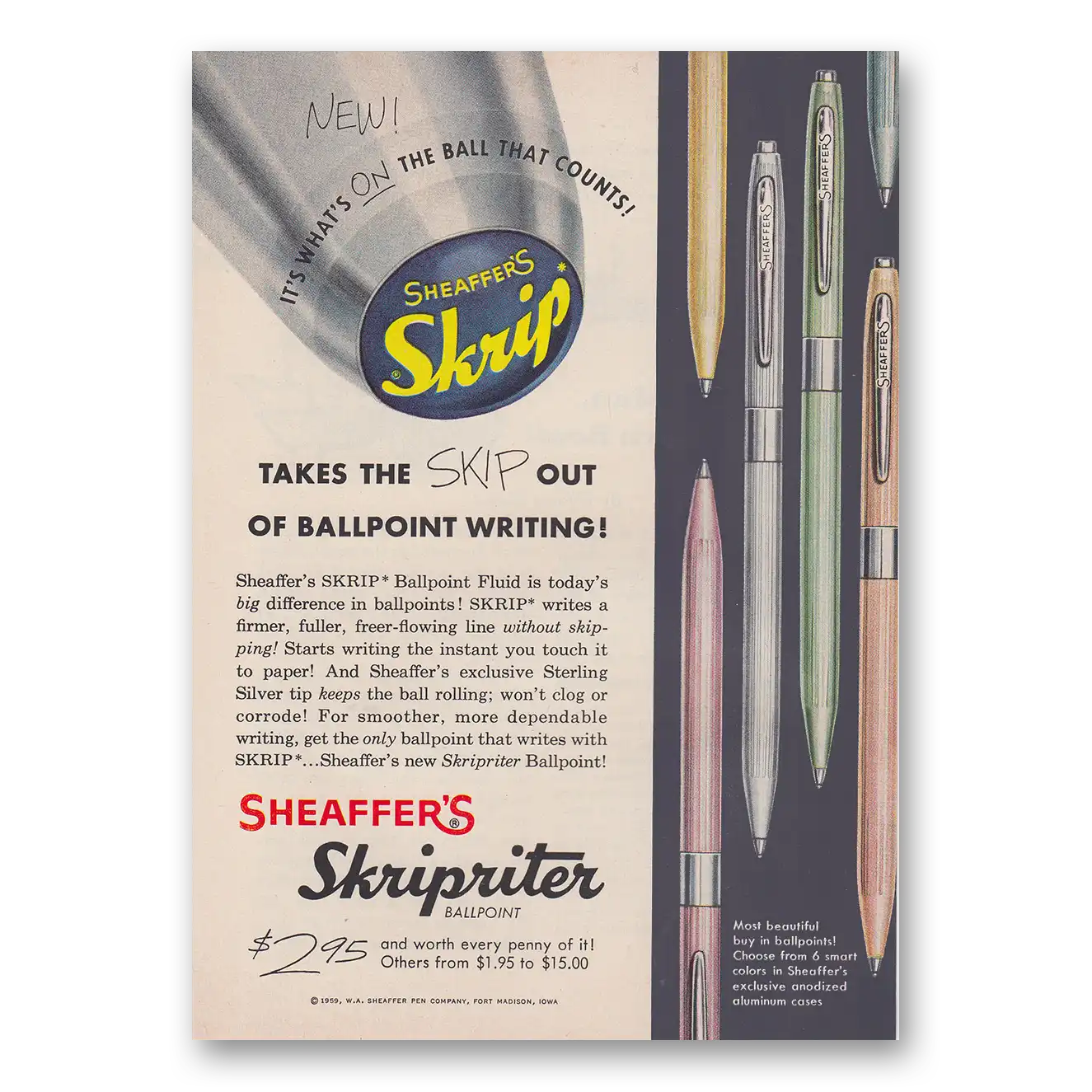 1959 Sheaffers Skripriter Pen Takes the Skip Out of Ballpoint Writing Vintage Magazine Print Ad