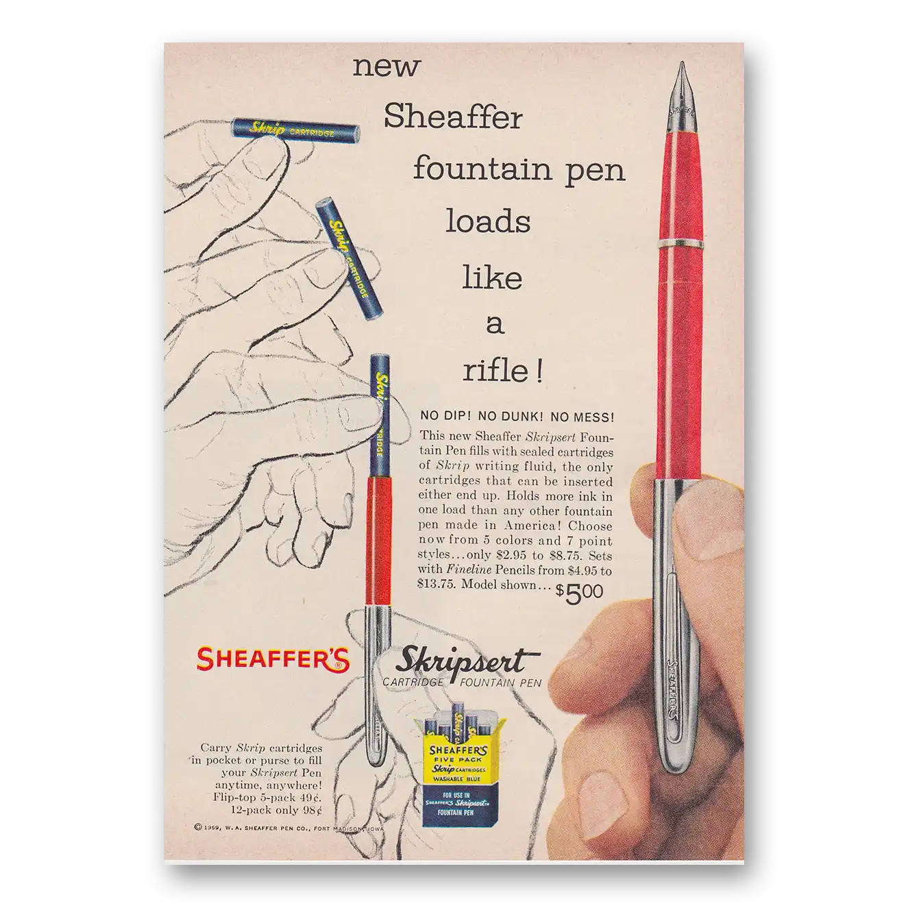 1959 Sheaffers Skripriter Pen Loads Like a Rifle Vintage Magazine Print Ad