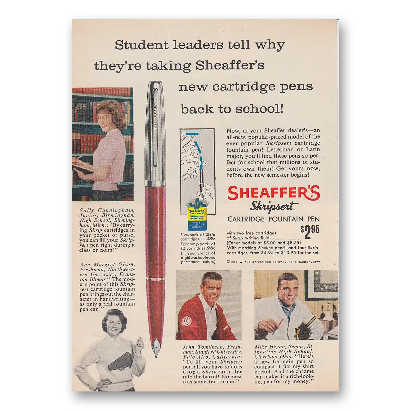 1959 Sheaffers Skripsert Fountain Pen Student Leaders Vintage Magazine Print Ad