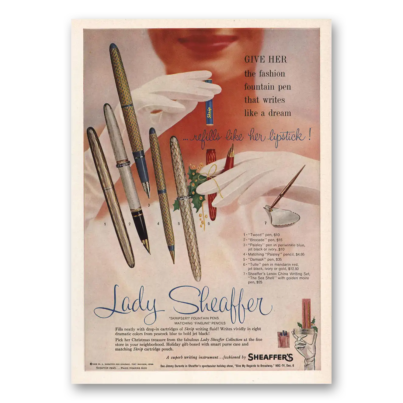 1959 Lady Sheaffer Pen Give Her the Fashion Vintage Magazine Print Ad