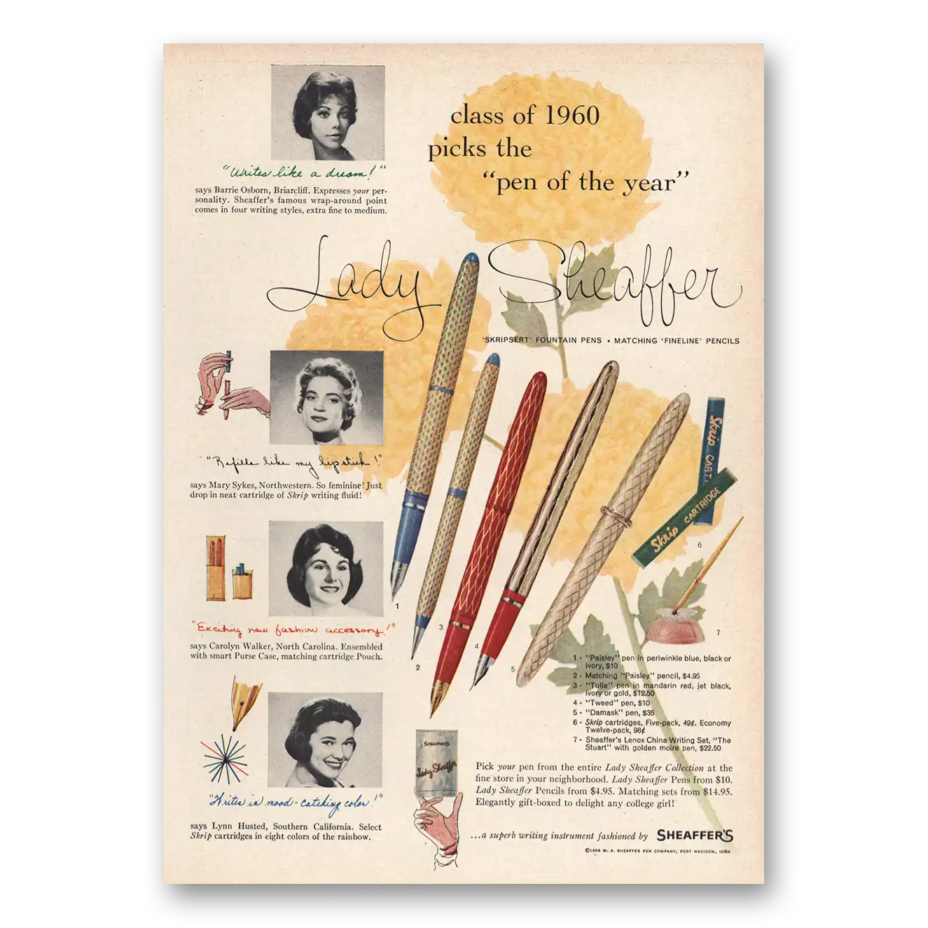 1959 Lady Sheaffer Pen Class of Picks Pen of the Year Vintage Magazine Print Ad