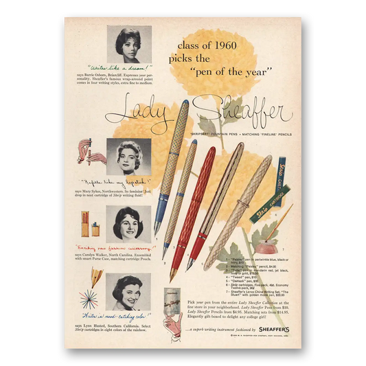 1959 Lady Sheaffer Pen Class of Picks Pen of the Year Vintage Magazine Print Ad