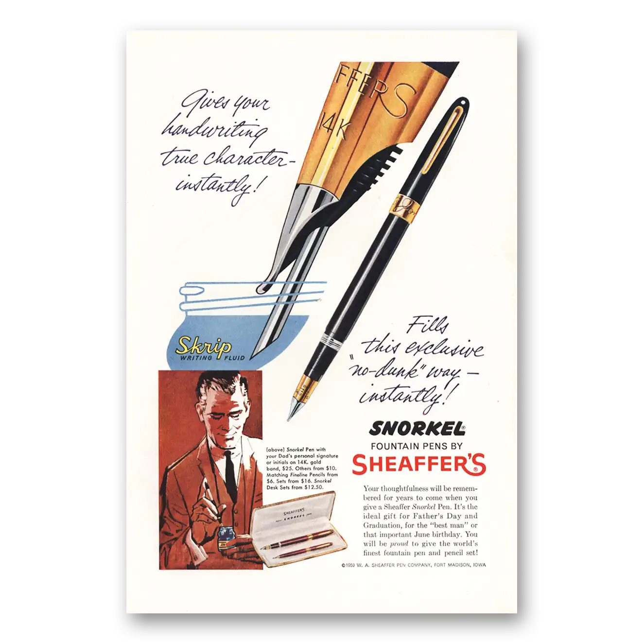 1959 Sheaffers Snorkel Pen Gives Your Handwriting True Character Vintage Magazine Print Ad