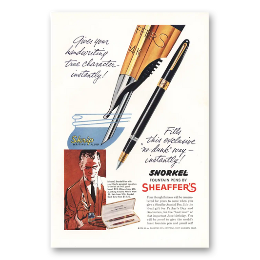 1959 Sheaffers Snorkel Pen Gives Your Handwriting True Character Vintage Magazine Print Ad