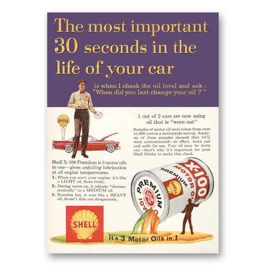 1959 Shell Motor Oil Most Important 30 Seconds Vintage Magazine Print Ad