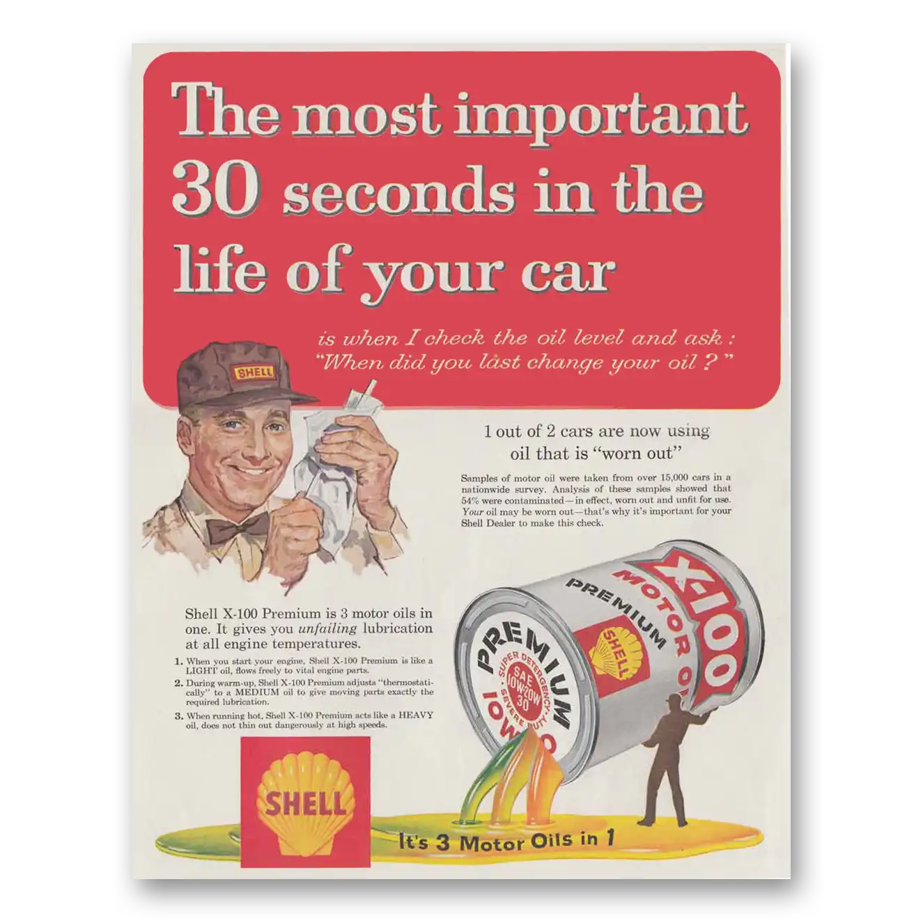 1959 Shell Motor Oil Most Important 30 Seconds Vintage Magazine Print Ad