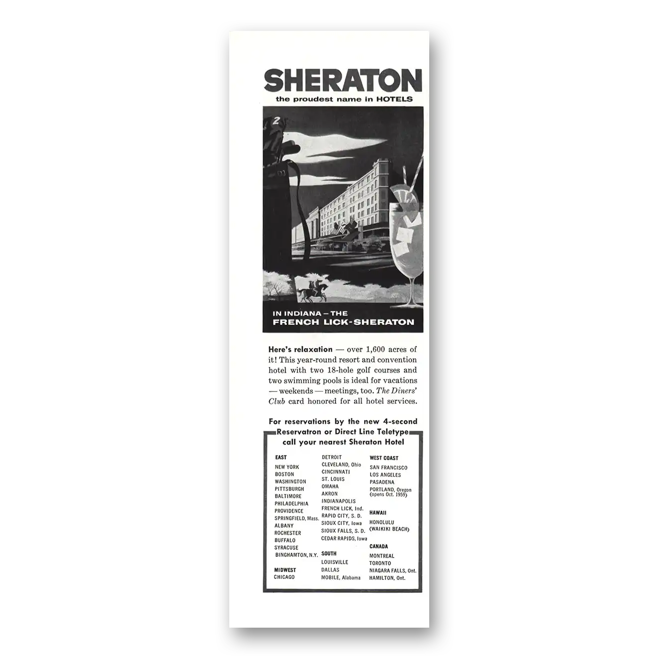 1959 French Lick Sheraton Hotel Indiana Vintage Magazine Print Ad