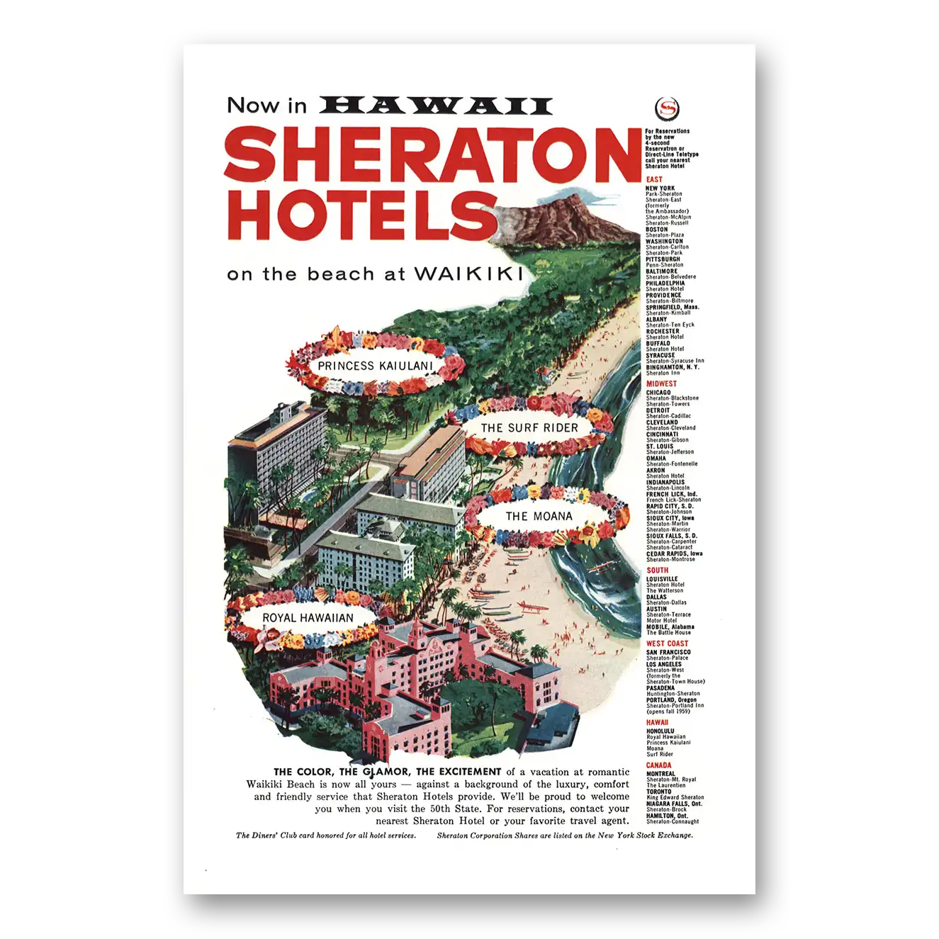 1959 Sheraton Hotels Hawaii Waikiki Moana Princess K and Surf Rider Vintage Magazine Print Ad