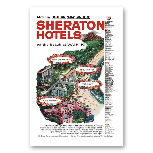 1959 Sheraton Hotels Hawaii Waikiki Moana Princess K and Surf Rider Vintage Magazine Print Ad