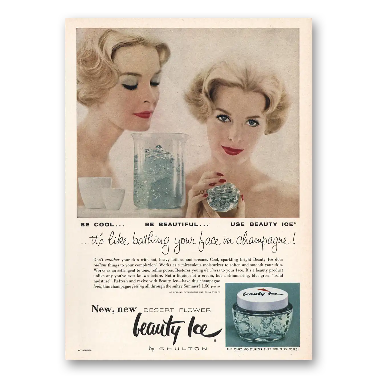 1959 Beauty Ice Bathing Your Face In Champagne Vintage Magazine Print Ad