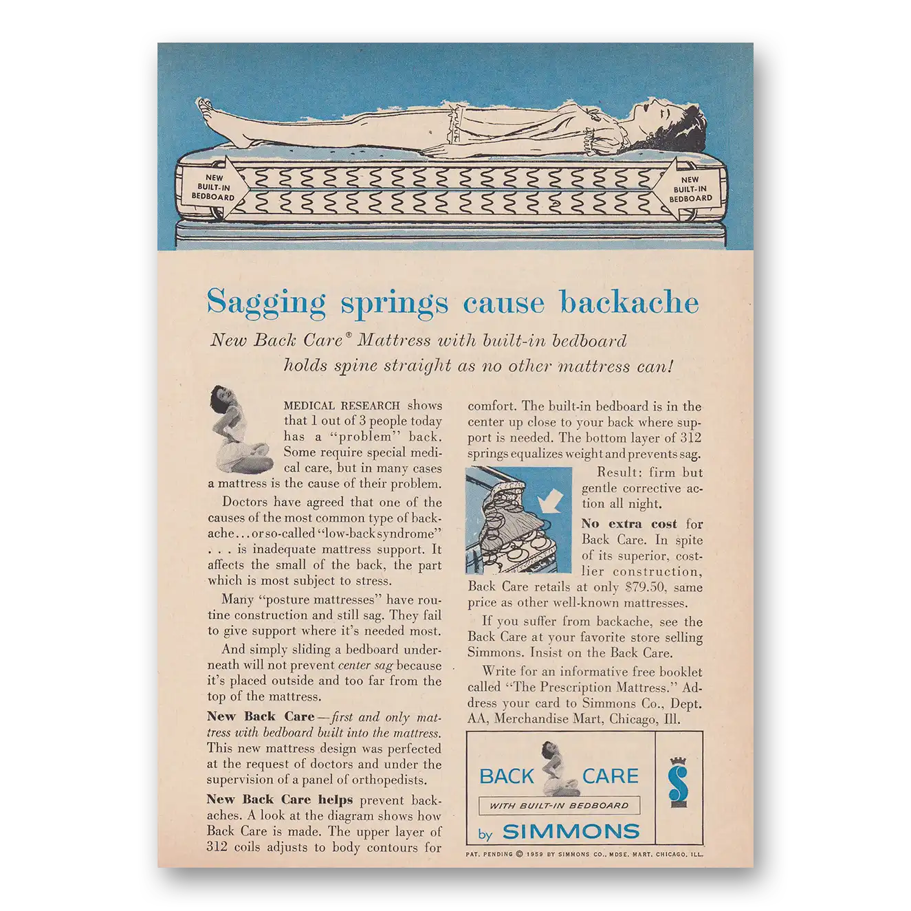 1959 Simmons Bed Mattresses Sagging Springs Cause Backache Vintage Magazine Print Ad