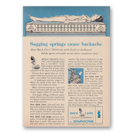 1959 Simmons Bed Mattresses Sagging Springs Cause Backache Vintage Magazine Print Ad