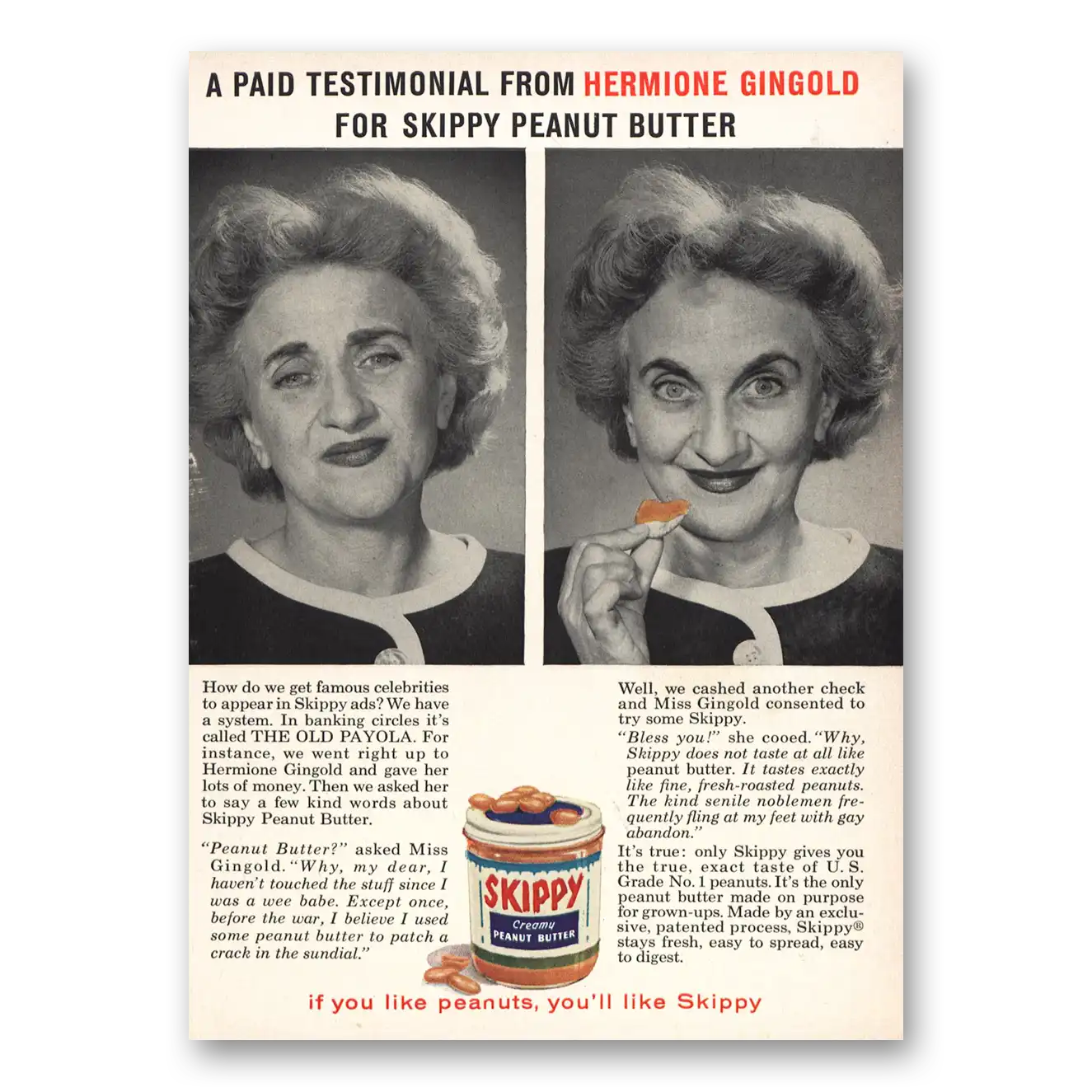 1959 Skippy Peanut Butter Hermione Gingold Vintage Magazine Print Ad