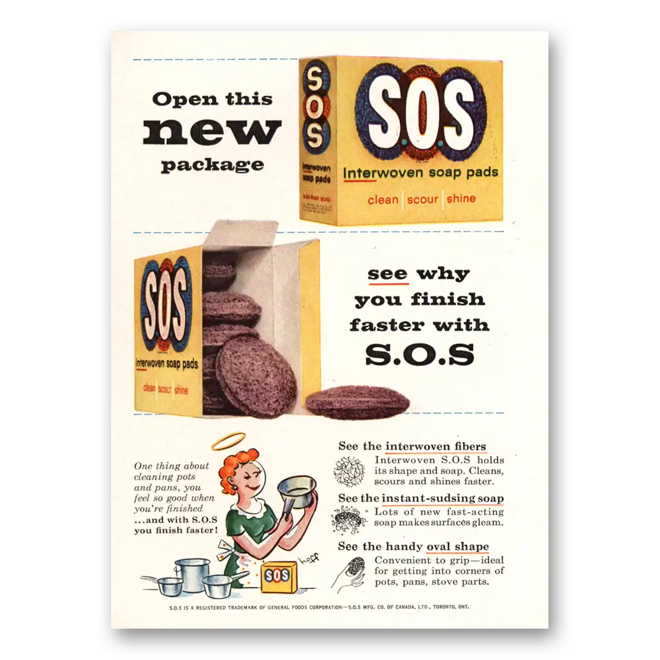 1959 SOS Scouring Pads Open This New Package Vintage Magazine Print Ad