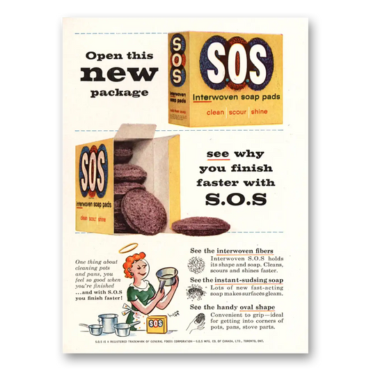 1959 SOS Scouring Pads Open This New Package Vintage Magazine Print Ad