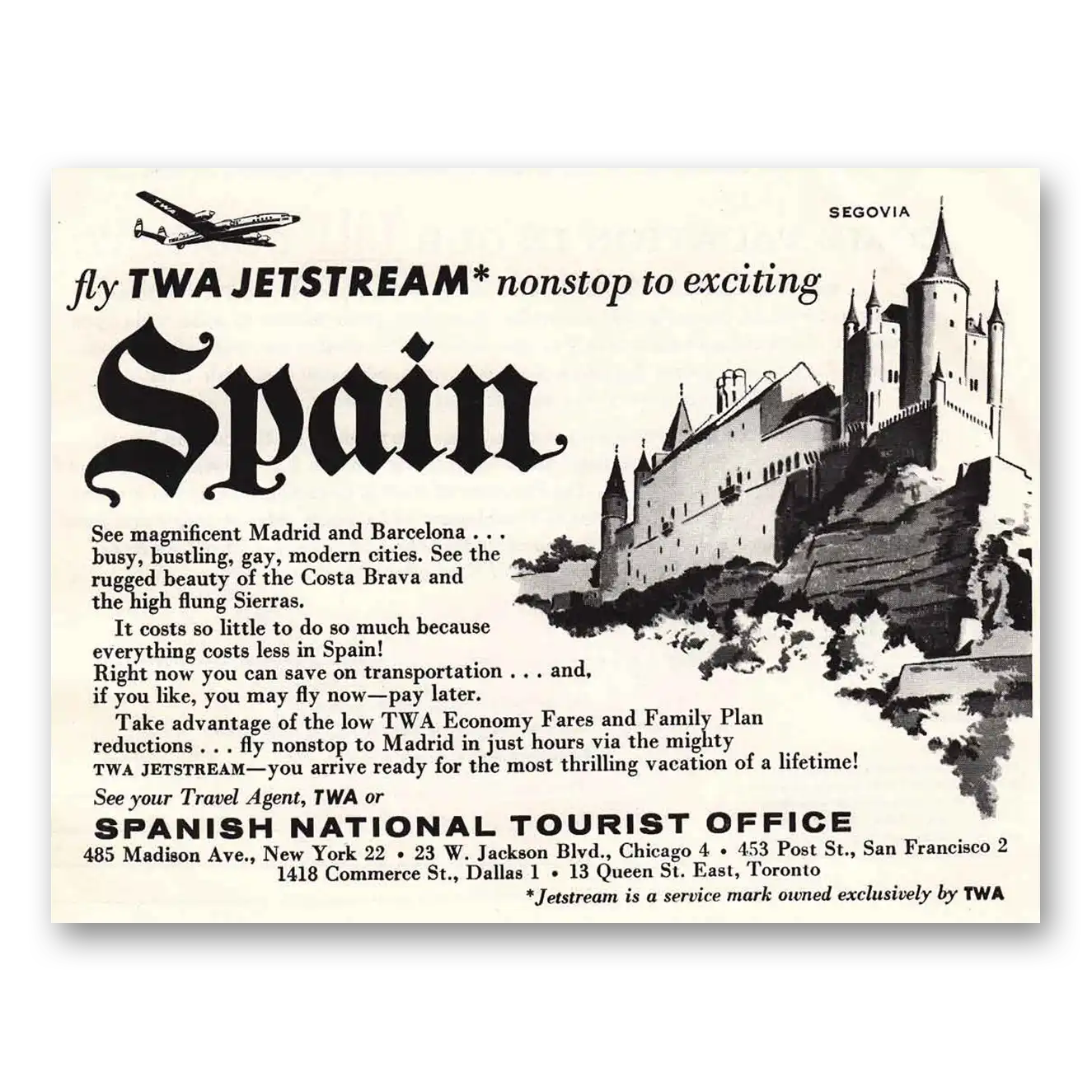 1959 Spain TWA Jetstream Nonstop Vintage Magazine Print Ad