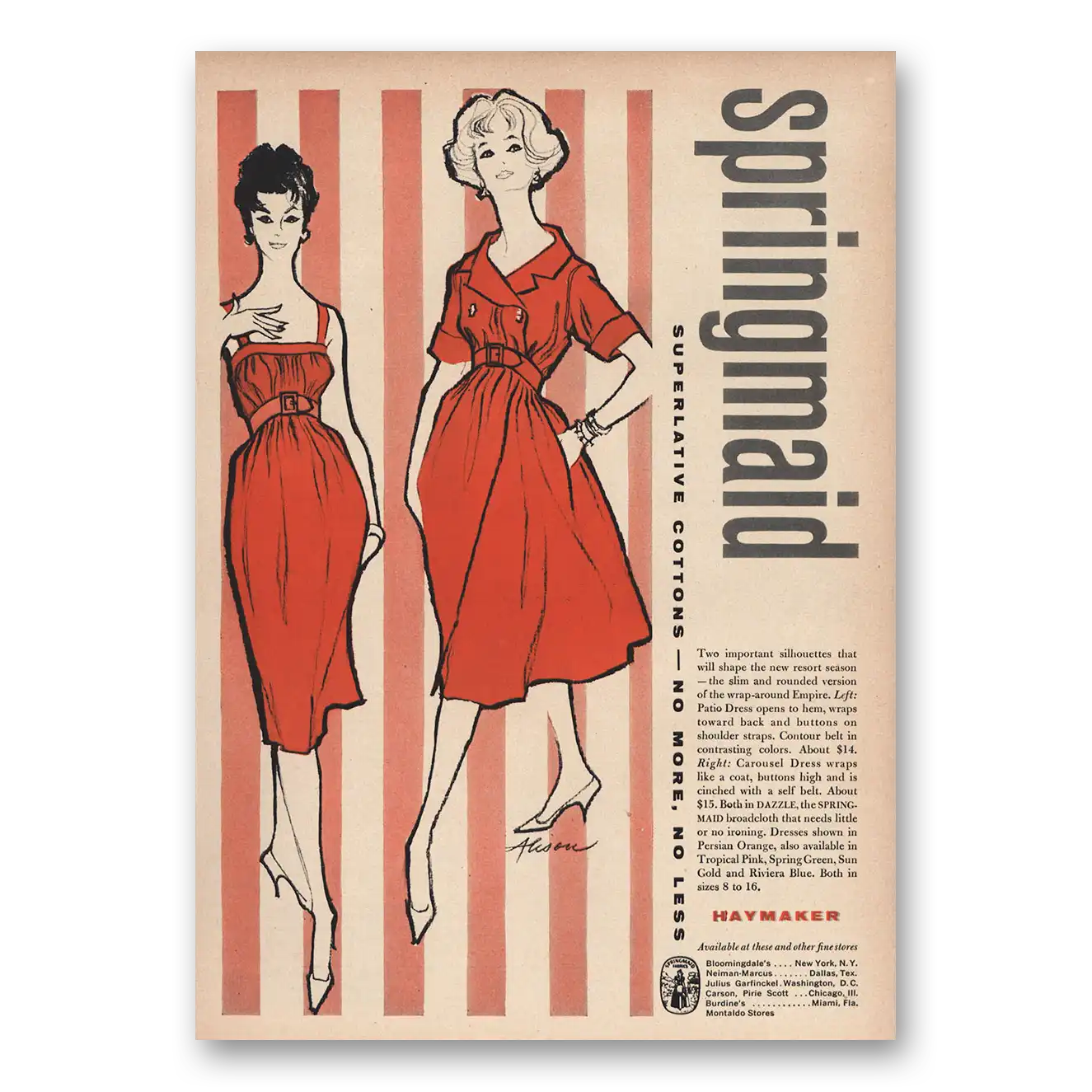 1959 Springmaid Fabrics Two Important Silhouettes Vintage Magazine Print Ad