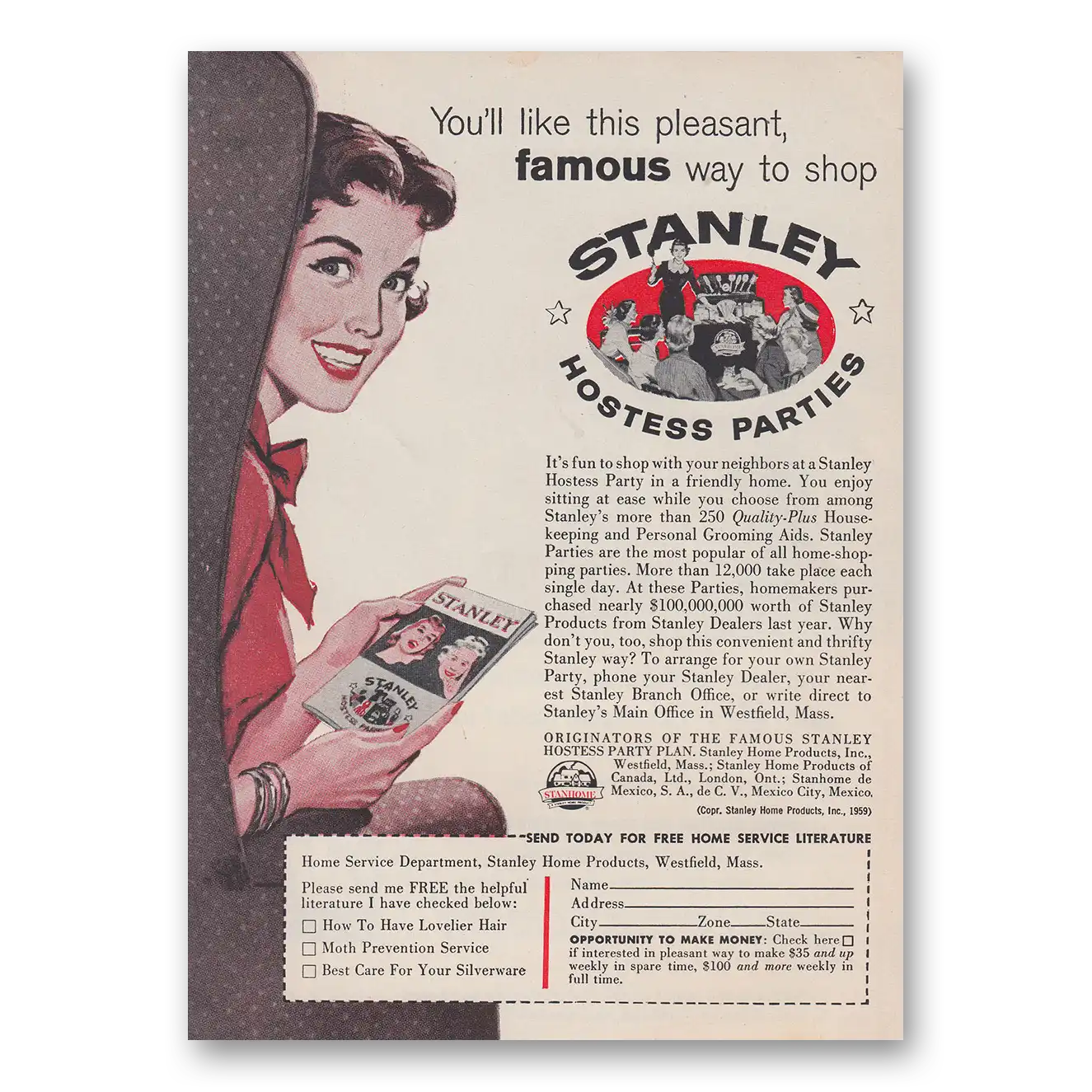 1959 Stanley Home Products Hostess Parties Pleasant Famous Way to Shop Vintage Magazine Print Ad