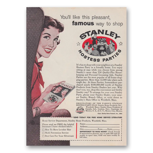 1959 Stanley Home Products Hostess Parties Pleasant Famous Way to Shop Vintage Magazine Print Ad