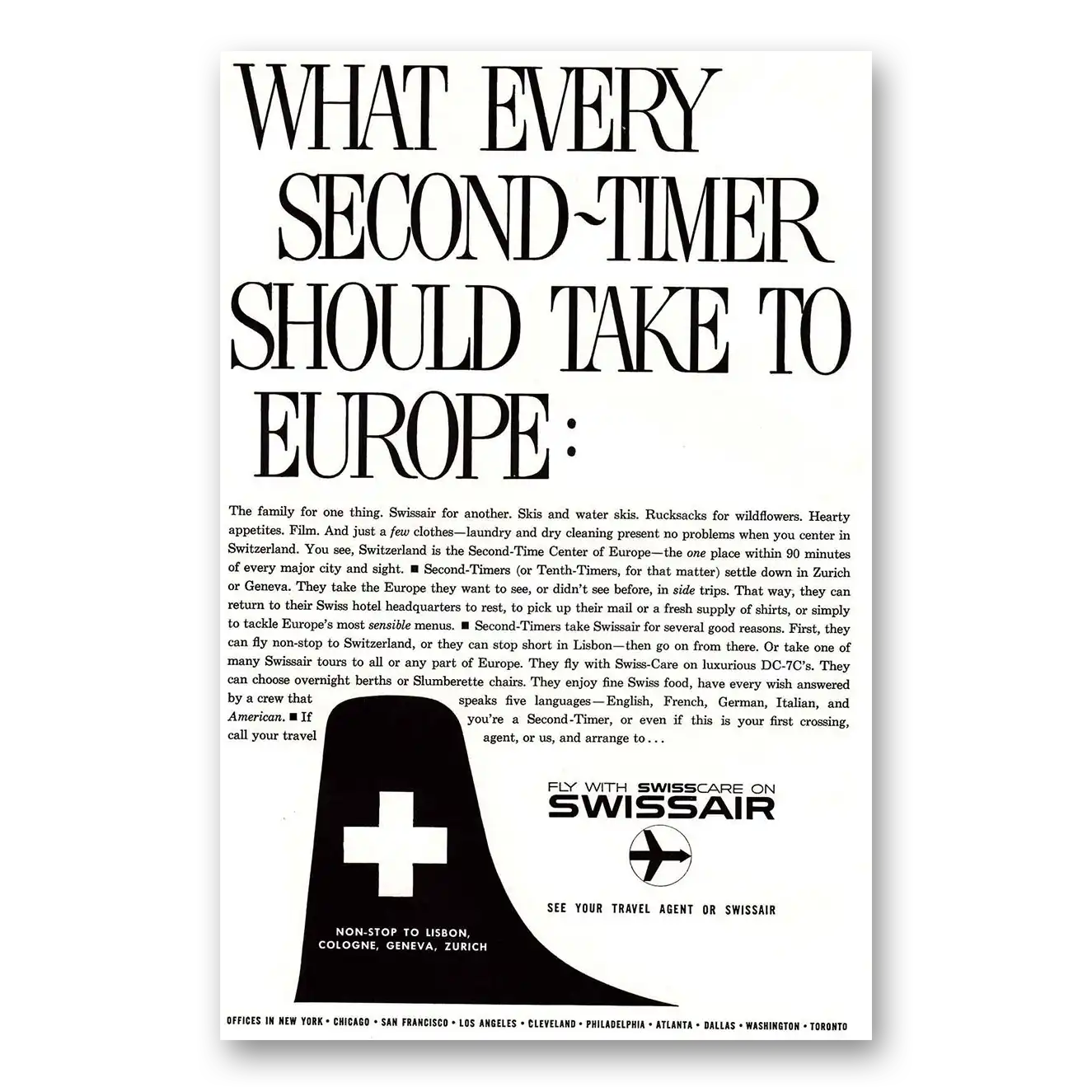 1959 Swissair What Every Second Timer Should Take Vintage Magazine Print Ad