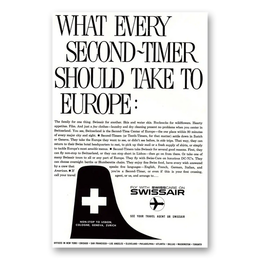 1959 Swissair What Every Second Timer Should Take Vintage Magazine Print Ad