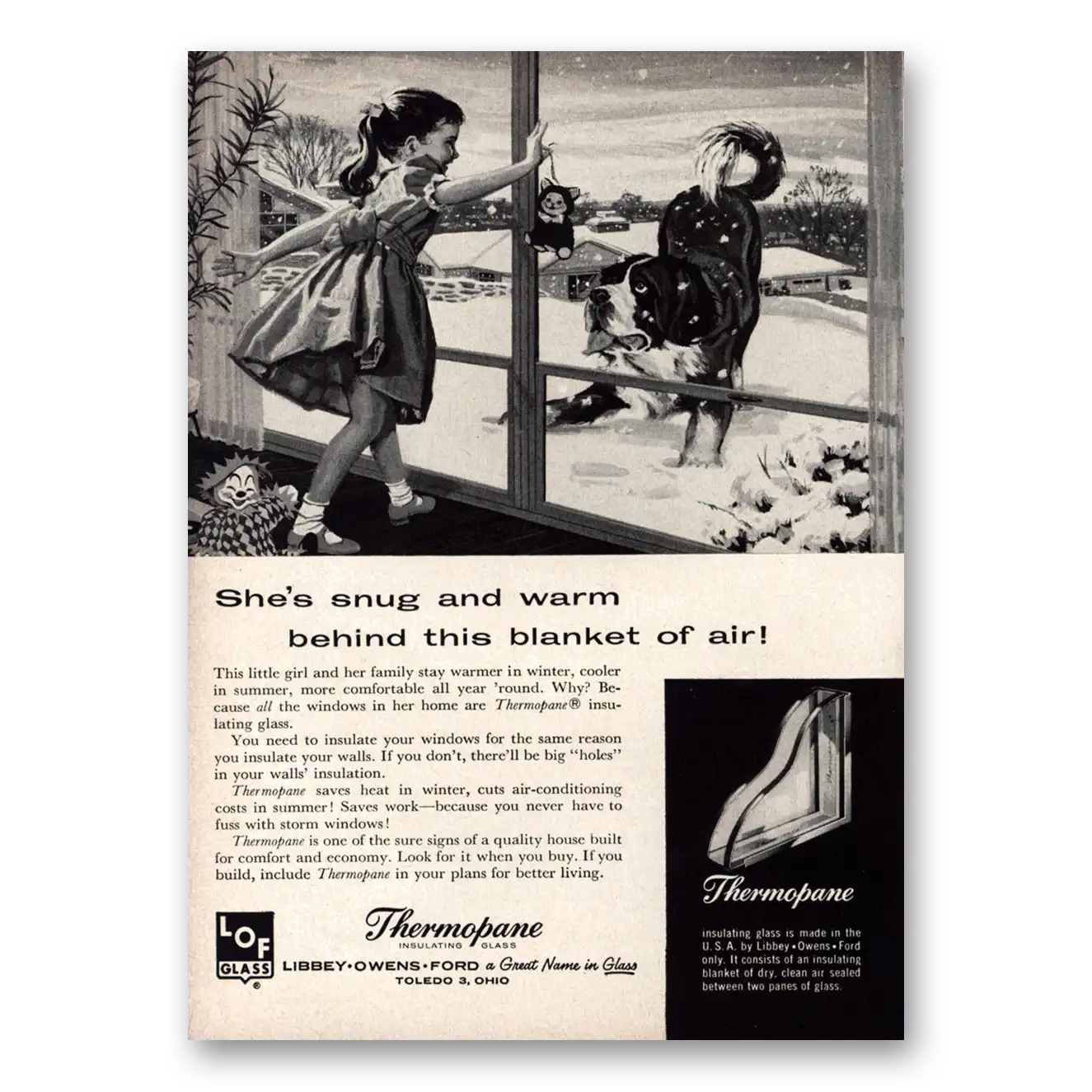 1959 Thermopane Insulating Glass Snug and Warm Behind This Blanket of Air Vintage Magazine Print Ad