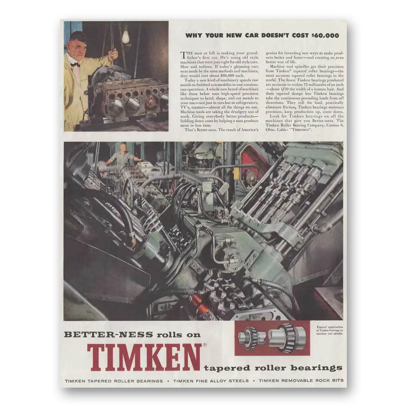 1959 Timken Roller Bearings Better Ness Rolls Vintage Magazine Print Ad