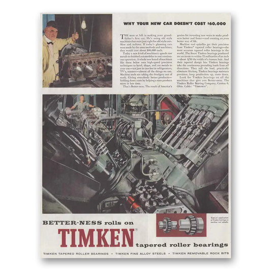 1959 Timken Roller Bearings Better Ness Rolls Vintage Magazine Print Ad